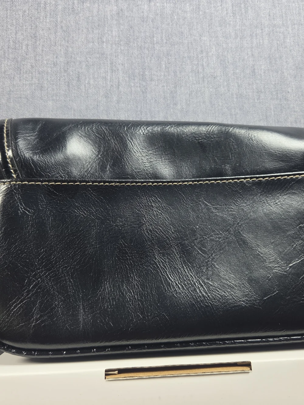 Black Leather Crossbody Shoulder Bag with Gold Accent